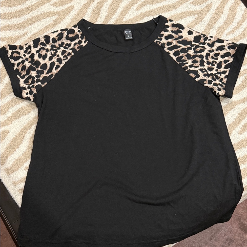 Wild Fable Black Top with Leopard Print Sleeves